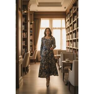 Coldwater Creek Dress Womens L Blue Floral Velvet Burnout Maxi Lined Long Sleeve